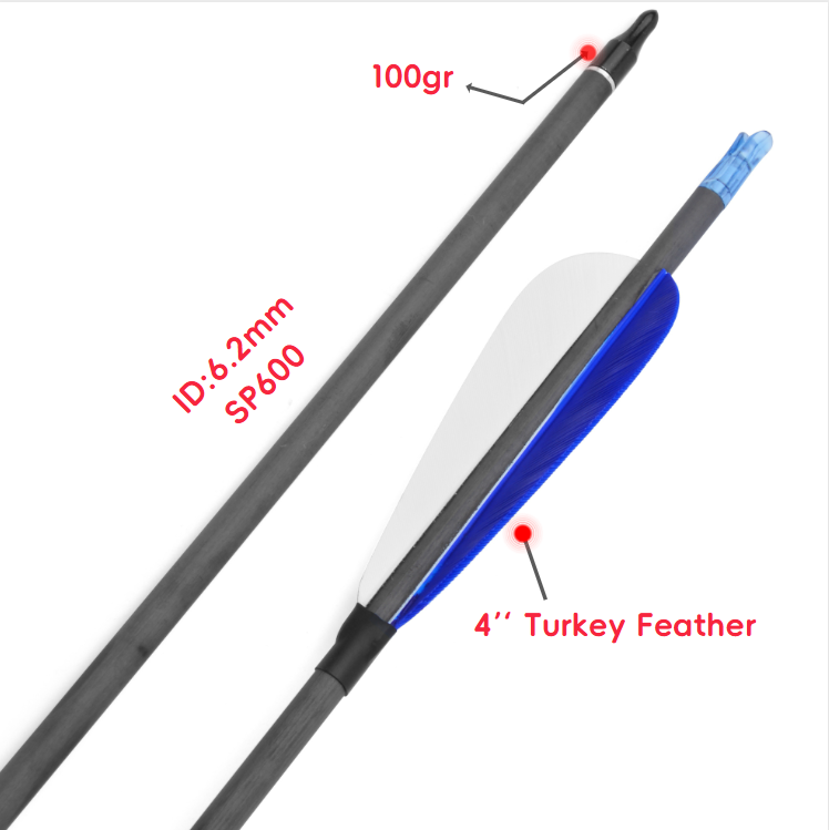 12pcs 30" Carbon Arrows Spine 600 with 4" Turkey Feathers
