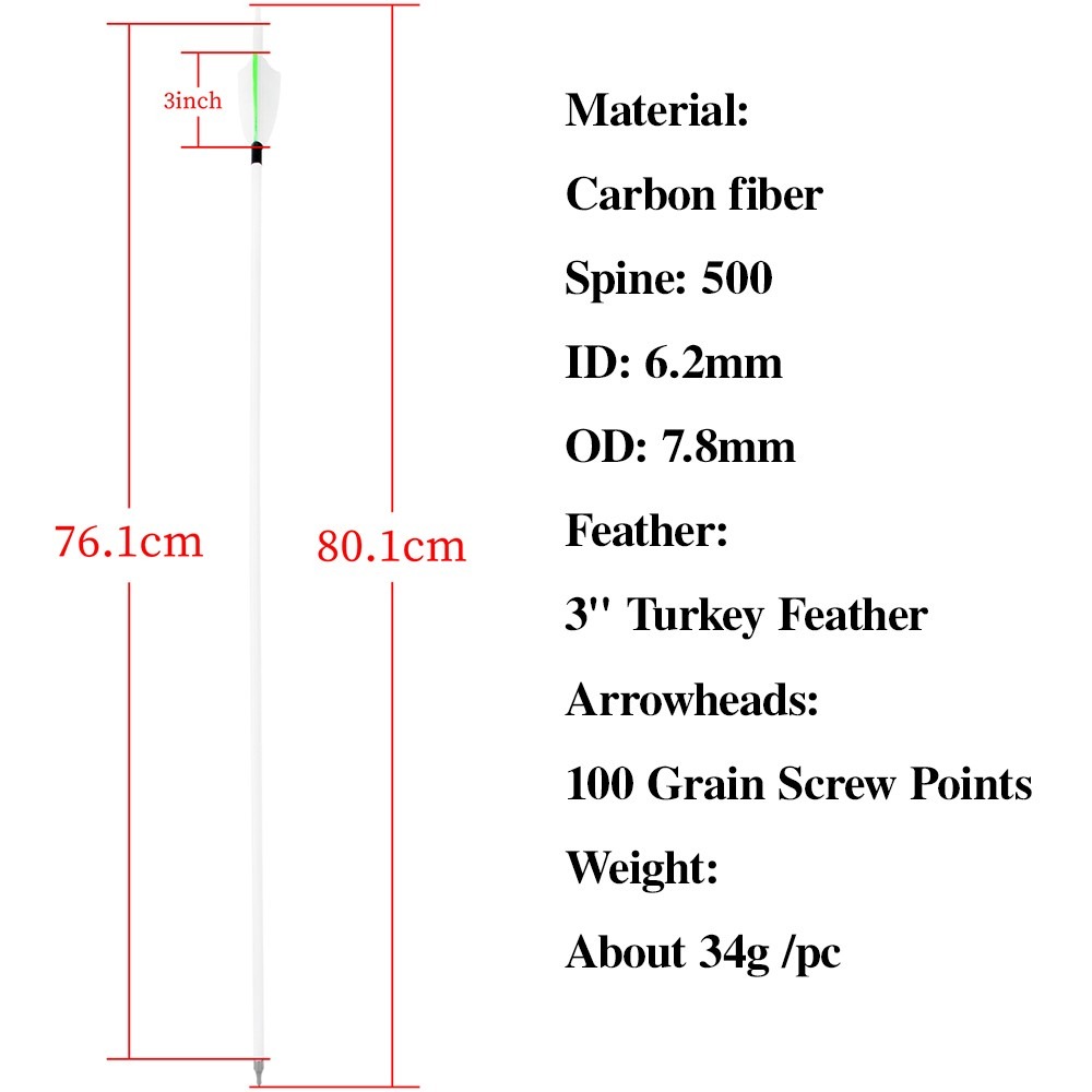 Archery Carbon Arrows 500 Spine 3" Shield Turkey Feather 6/12pcs