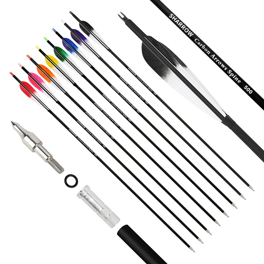 6pcs Archery Carbon Arrows Spine 500 with 5" Turkey Feathers
