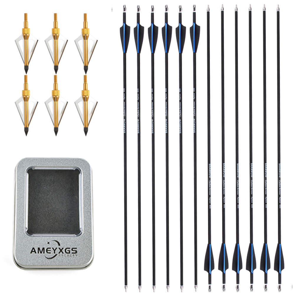 12pcs Mixed Carbon Archery Arrows with Rubber Feathers and 6 Yellow Jade Arrowheads