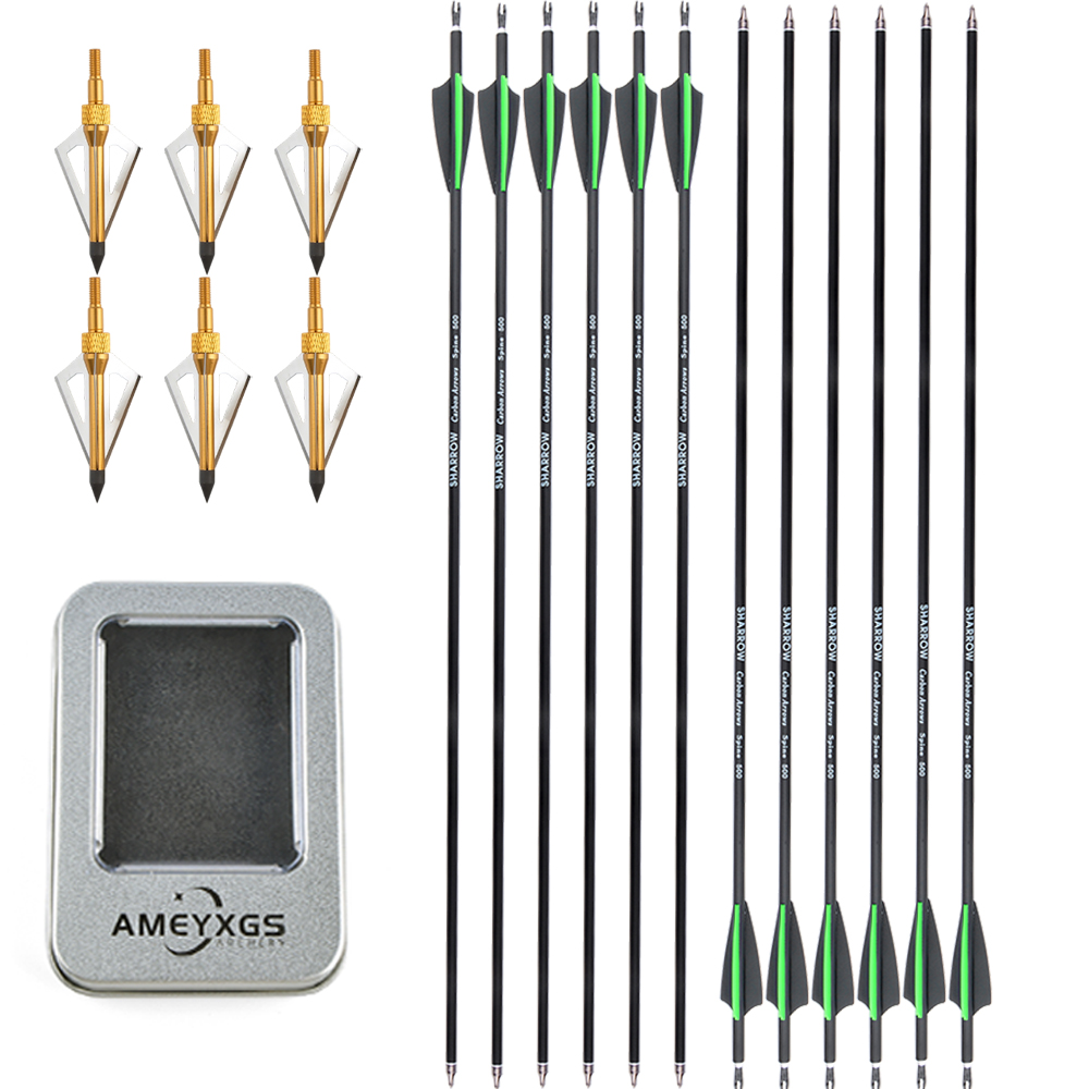 12pcs Mixed Carbon Archery Arrows with Rubber Feathers and 6 Yellow Jade Arrowheads