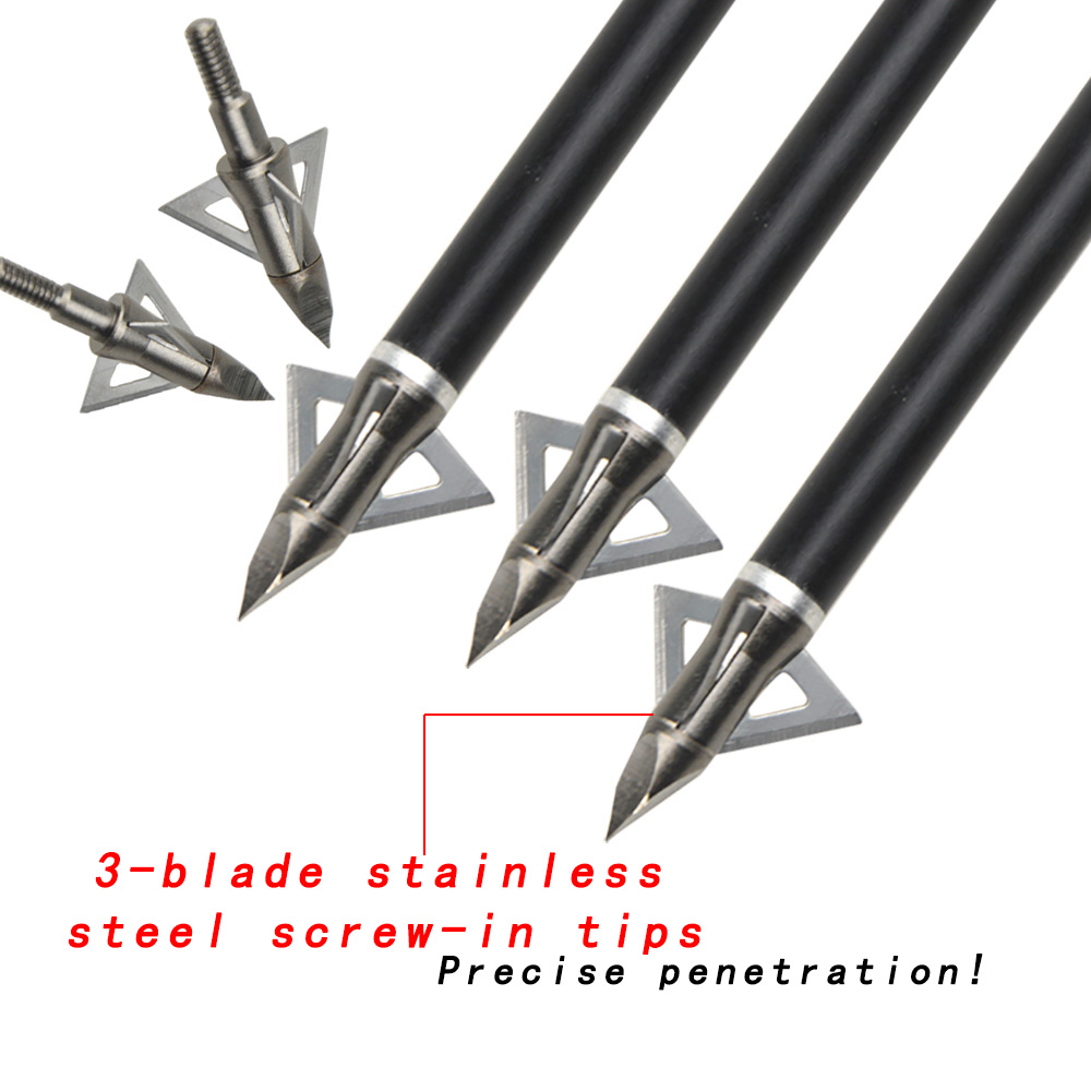 12pcs Stainless Steel 3-Blade Arrowheads - 100 Grain Screw-in Point