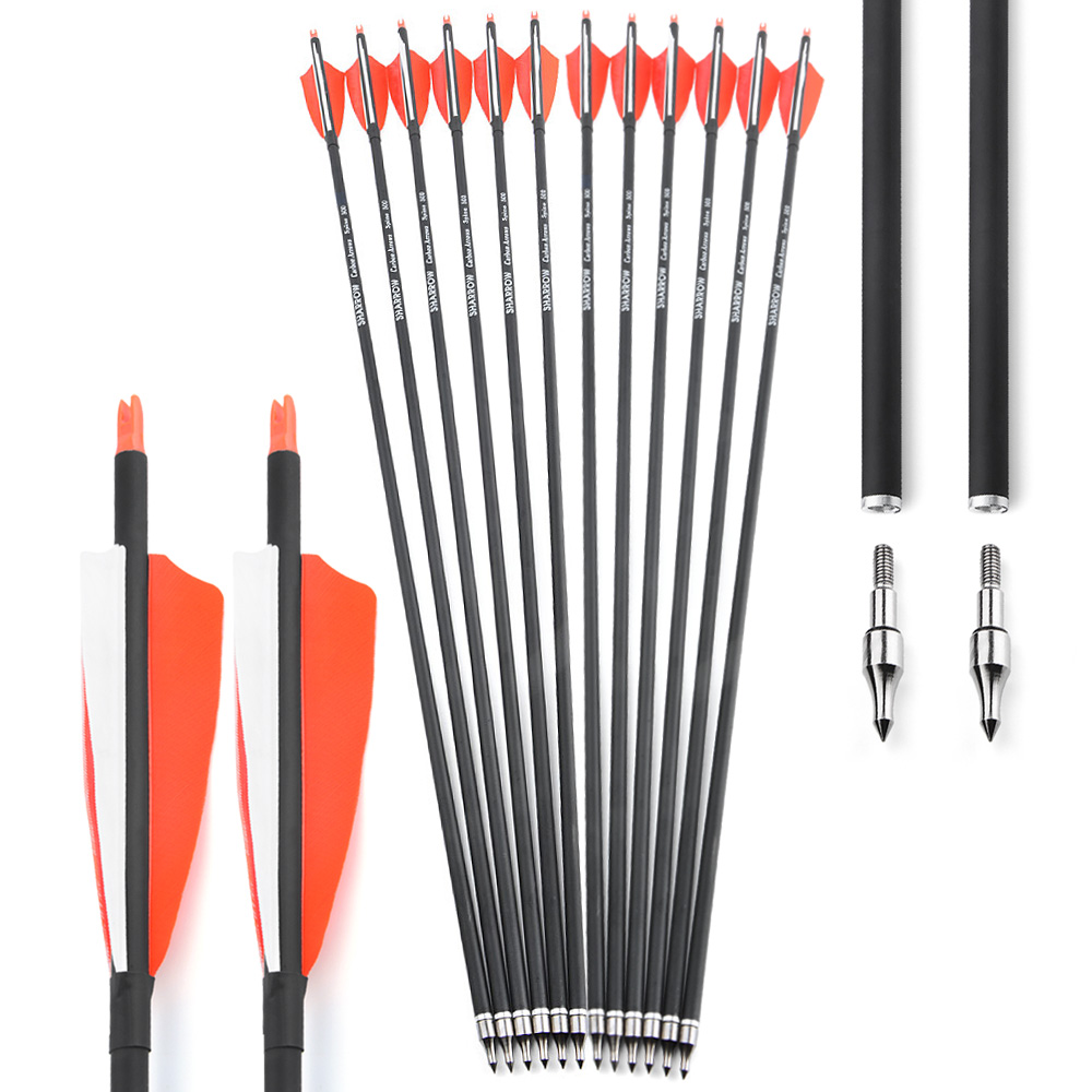 500spine 30" Orange/White Feather Carbon Arrows 12pcs 100gr