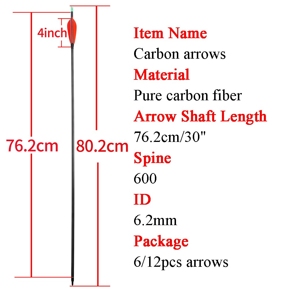 12pcs 30" Carbon Arrows Spine 600 with 4" Turkey Feathers