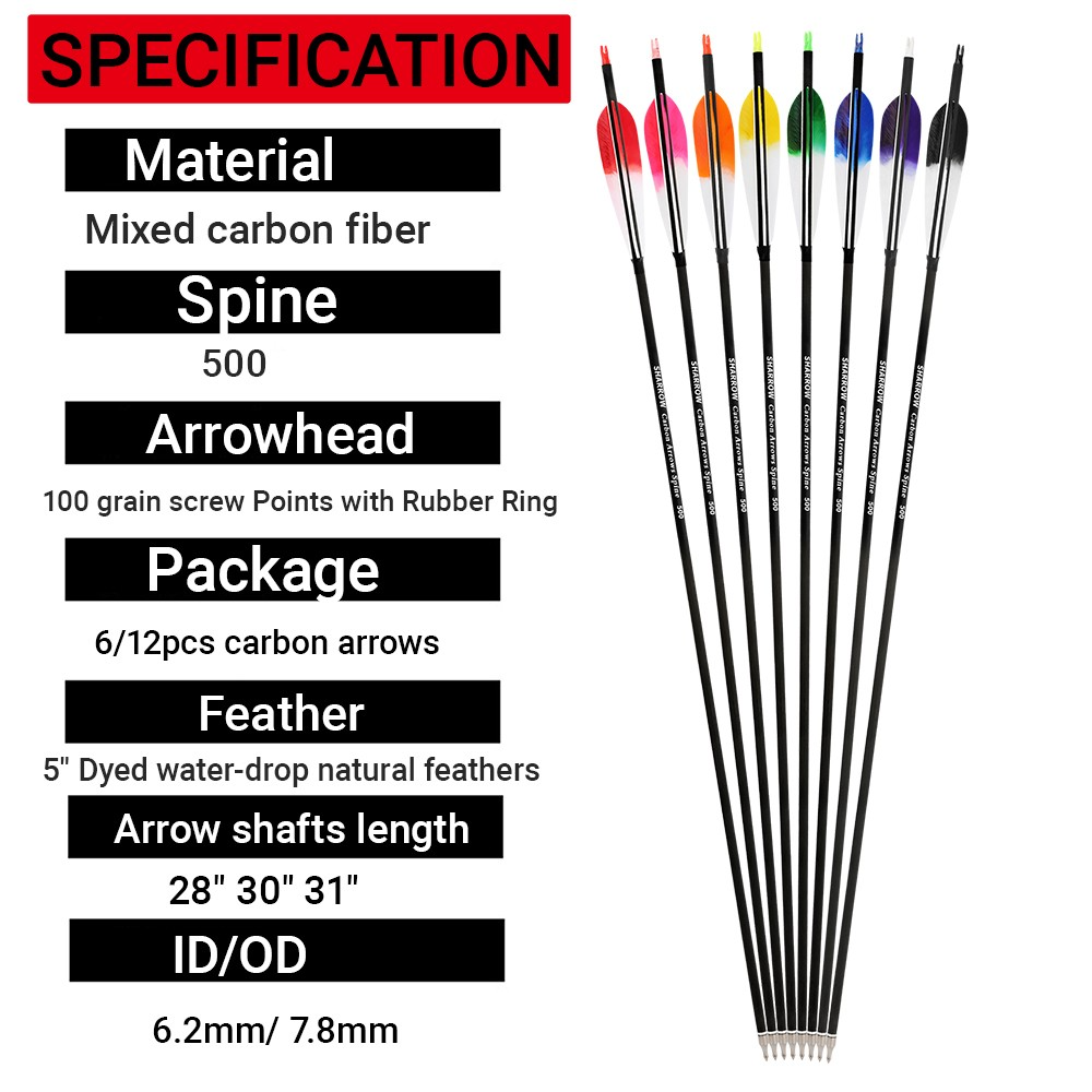 6pcs Archery Carbon Arrows Spine 500 with 5" Turkey Feathers
