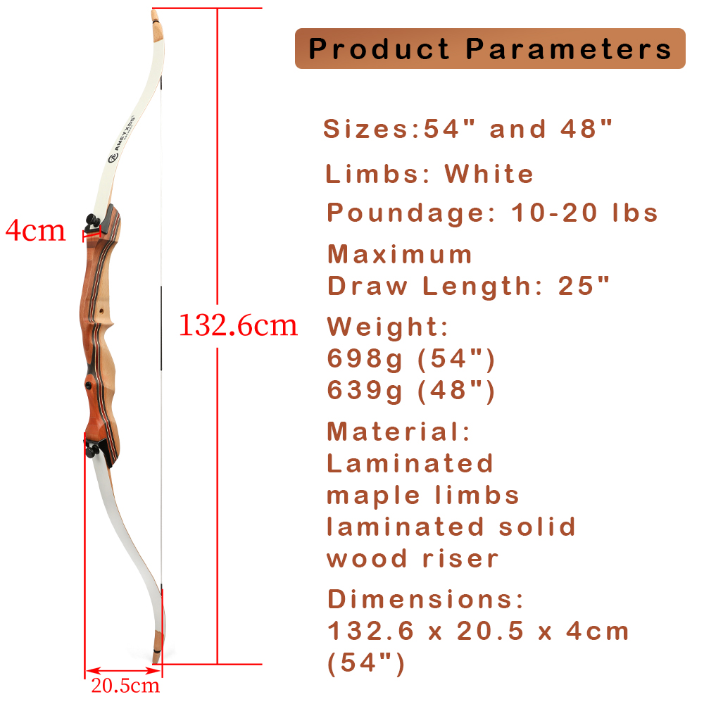 Youth Recurve Bow White Limbs 10-20lbs Laminated Wood 54"/48" 