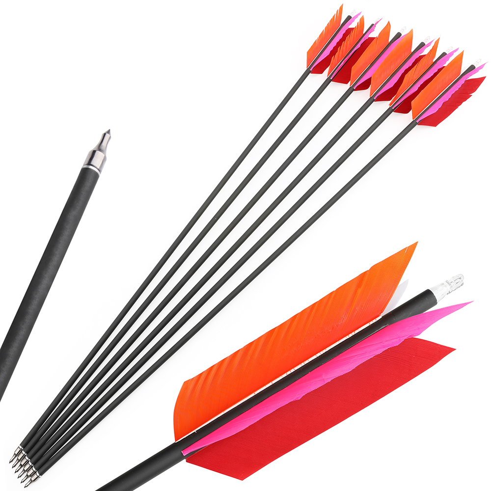 12pcs 500 Spine 4 Fletch Real Feather Mixed Carbon Arrows 31.6"