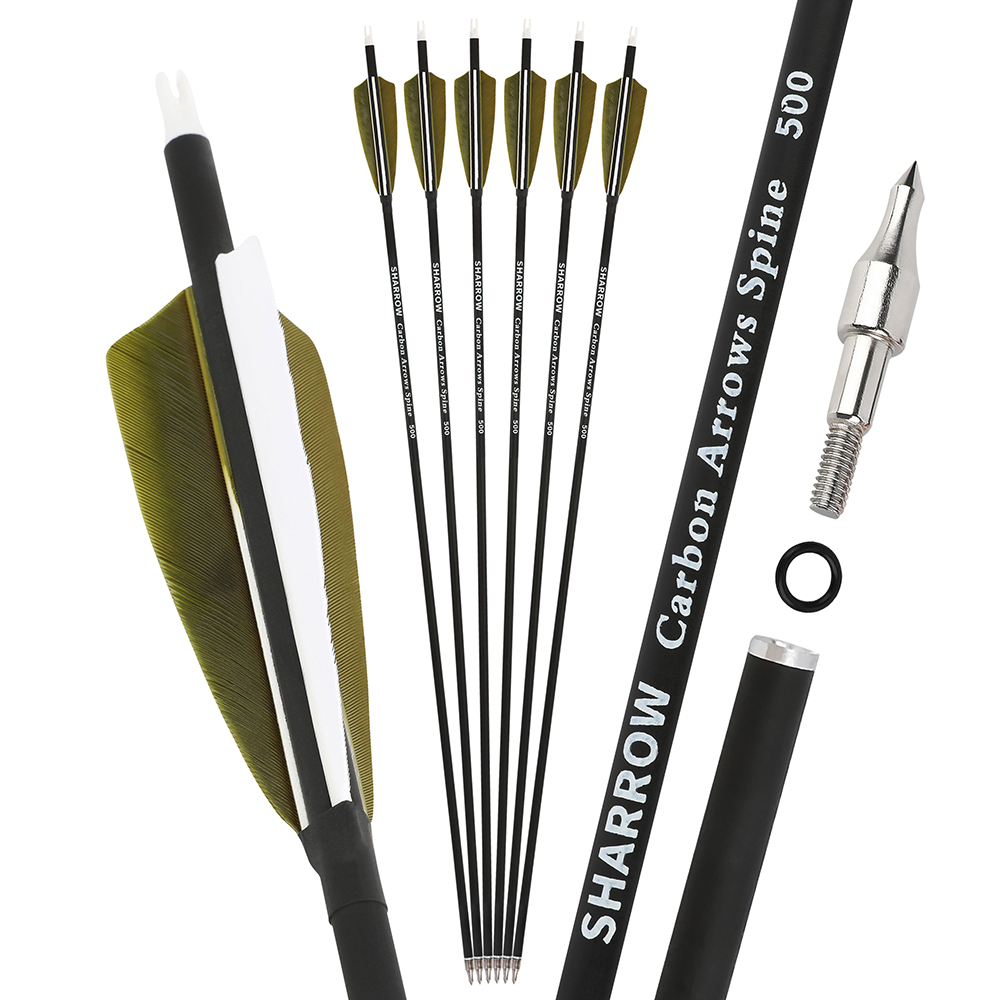 Real Feather Carbon Mixed Arrows 30inch 500 Spine with 4-inch Shield Fletching – Target Practice Archery