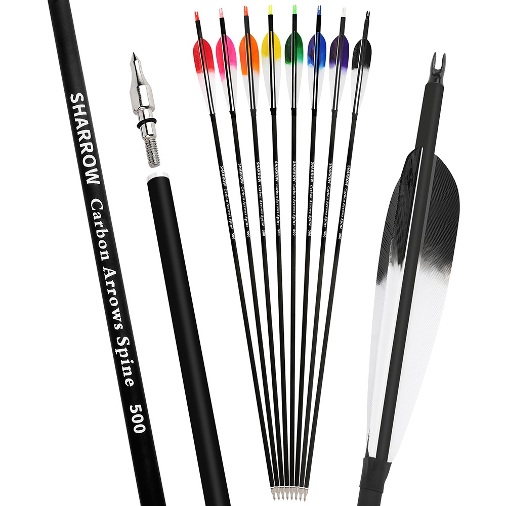 6pcs Archery Carbon Arrows Spine 500 with 5" Turkey Feathers