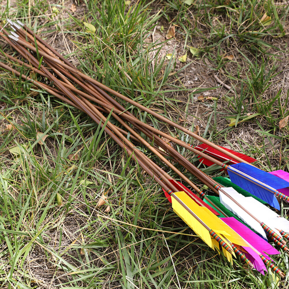 12pcs 33'' Archery Bamboo Arrow 4 Feather Longbow Traditional Recurve Bow Tips Hunting