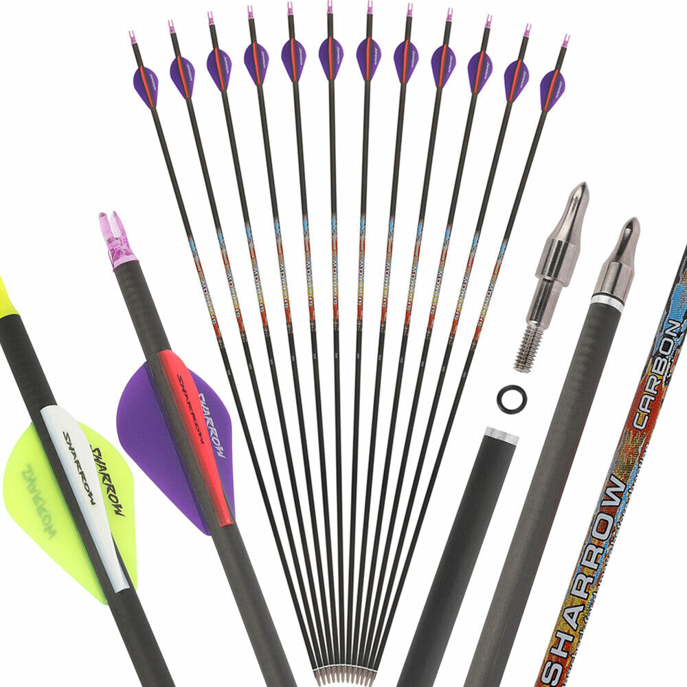 12pcs 31" Pure Carbon Arrows Archery SP250-600 Vanes Compoundbow Recurve Bow Hunting