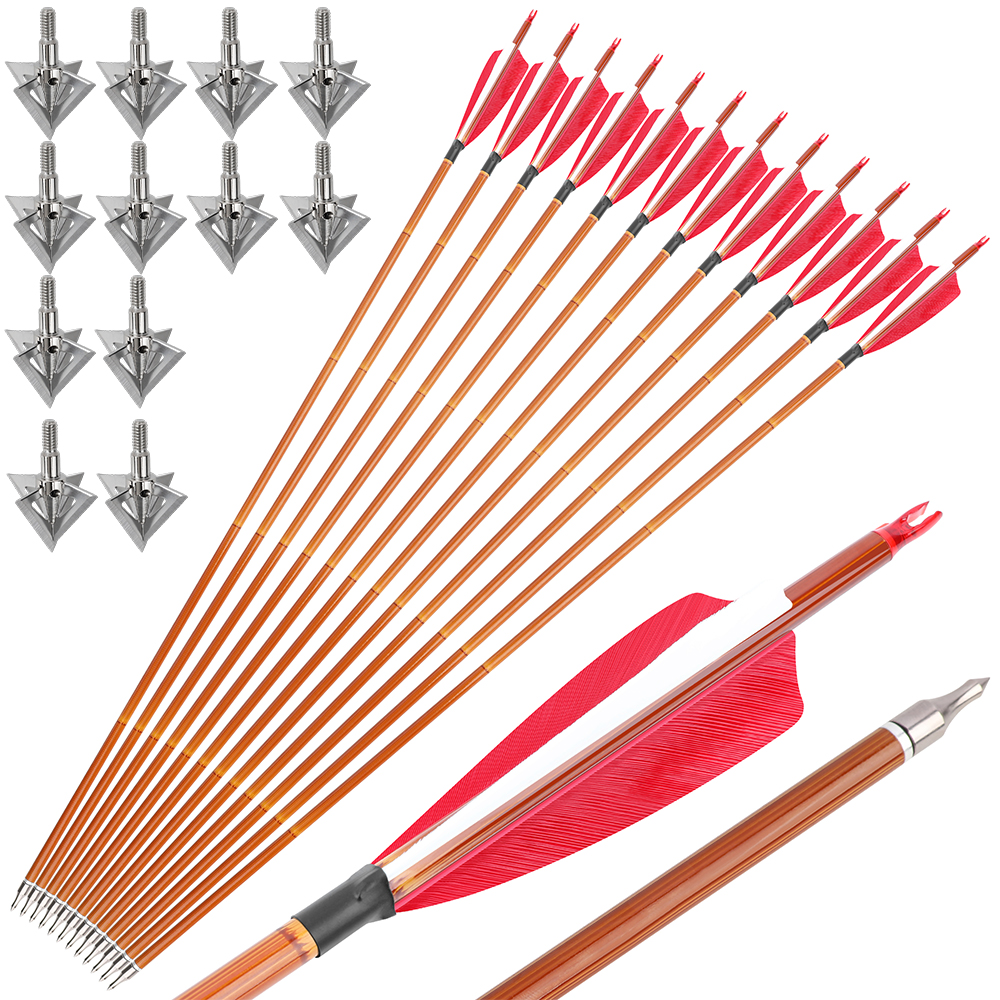 12pcs 30" Spine 500 Bamboo Pattern Mixed Carbon Arrows with 12 Bonus Cross-Star Arrowheads – 7 Color Varieties