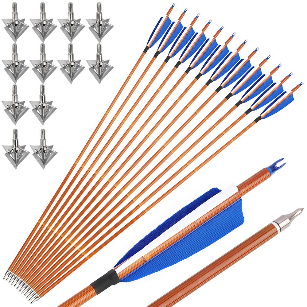 12pcs 30" Spine 500 Bamboo Pattern Mixed Carbon Arrows with 12 Bonus Cross-Star Arrowheads – 7 Color Varieties