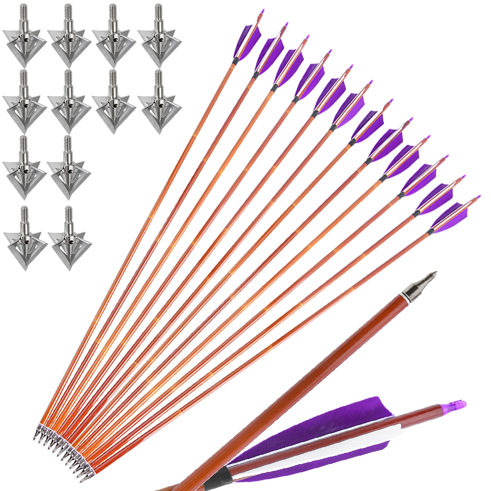 12pcs 30" Spine 500 Bamboo Pattern Mixed Carbon Arrows with 12 Bonus Cross-Star Arrowheads – 7 Color Varieties