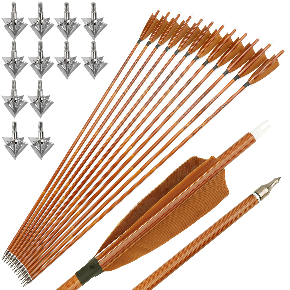 12pcs 30" Spine 500 Bamboo Pattern Mixed Carbon Arrows with 12 Bonus Cross-Star Arrowheads – 7 Color Varieties