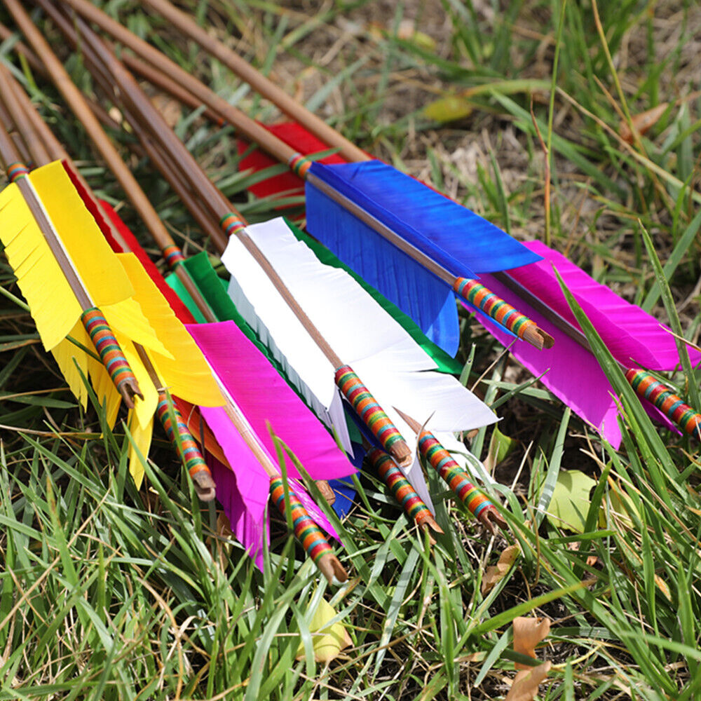 12pcs 33'' Archery Bamboo Arrow 4 Feather Longbow Traditional Recurve Bow Tips Hunting