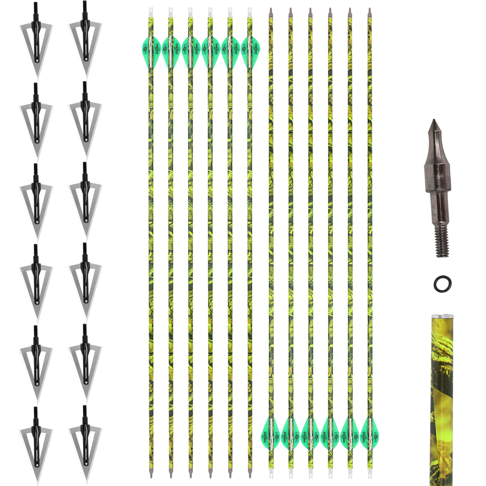 12PCS Camouflage Mixed Carbon Arrows 500 Spine 30in – Green, Yellow, Red