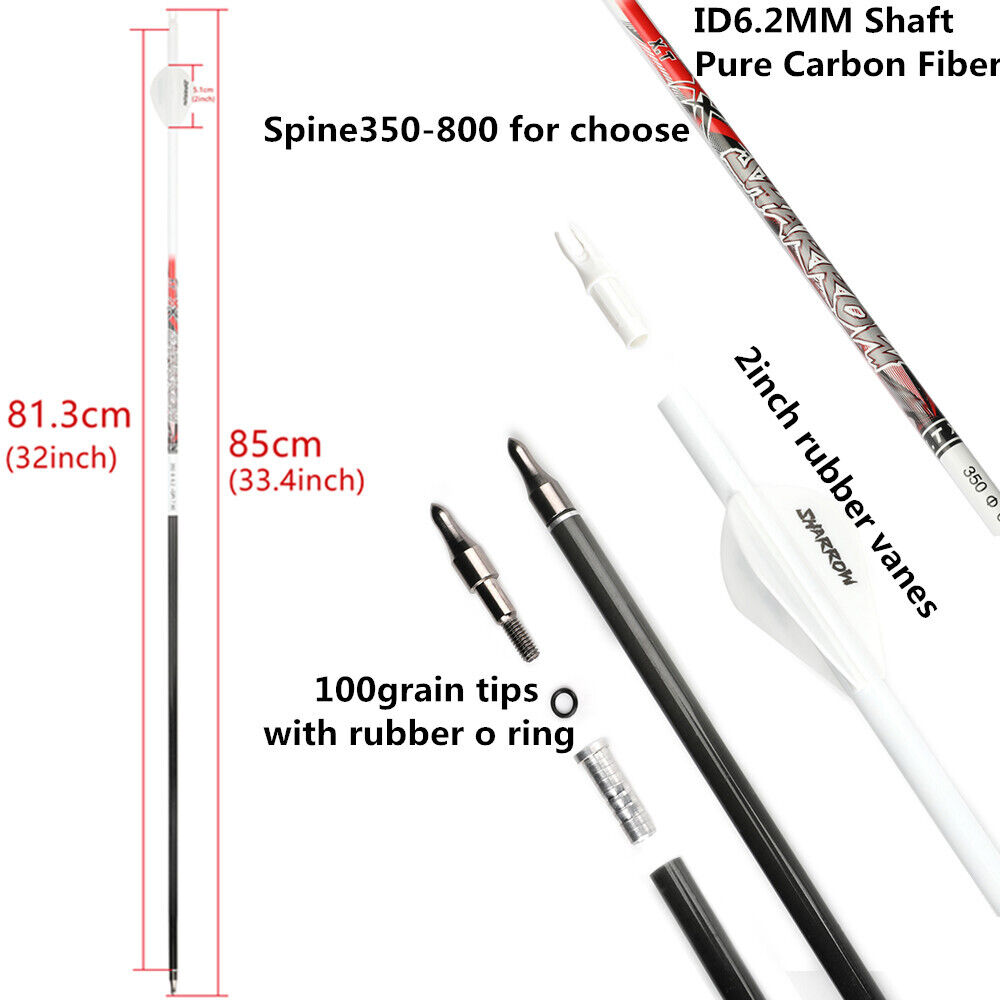 12pcs 32" Pure Carbon Arrows SP300-800 ID6.2mm Archery Recurve Bow Fields Tips Hunting