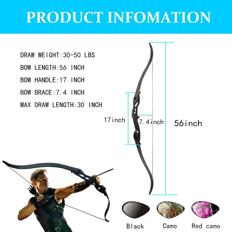 56" Recurve Bow Set Hungting Bow kit for Adult or Beginners Target Practice and Hunting Draw Weight 30/35/40/45/50lbs Aluminium Alloy Takedown Bow and Carbon Arrow Set for RH Archer