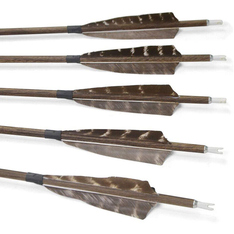 12pcs 30" Archery Pure Carbon Arrows SP350 Wood Skin Shaft Feathers Bow Target Hunting