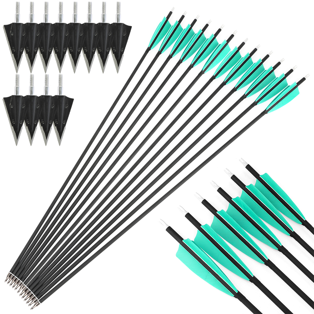 12pcs Water Blue 28" Mixed Carbon Arrows Spine 500 with Black Dragon Arrowheads