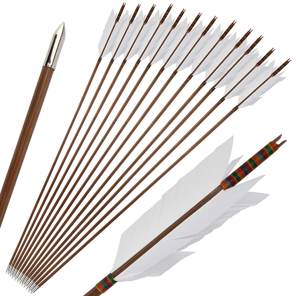 12pcs 33'' Archery Bamboo Arrow 4 Feather Longbow Traditional Recurve Bow Tips Hunting