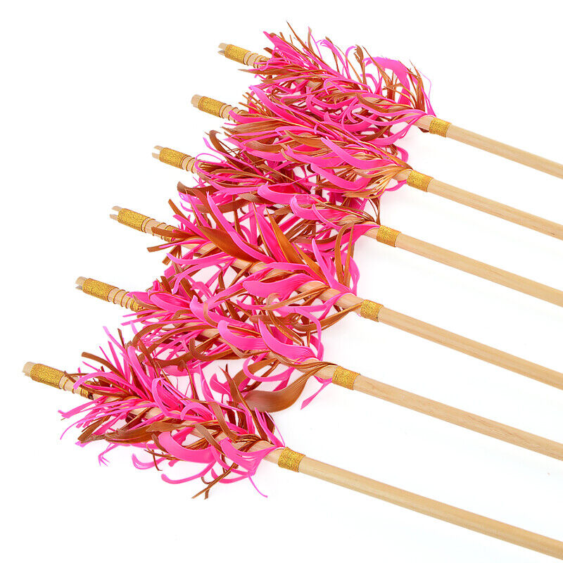 12X Wooden Arrows Handmade Shaft Archery Flu-Flu Spiral Wrap Feather Longbow Hunt