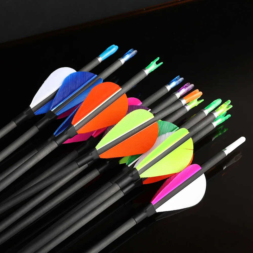 12pcs Archery Pure Carbon Arrows Water-drop Turkey Feather ID 4.2mm Spine 700/800/900/1000 for Bow Shooting Hunting Training