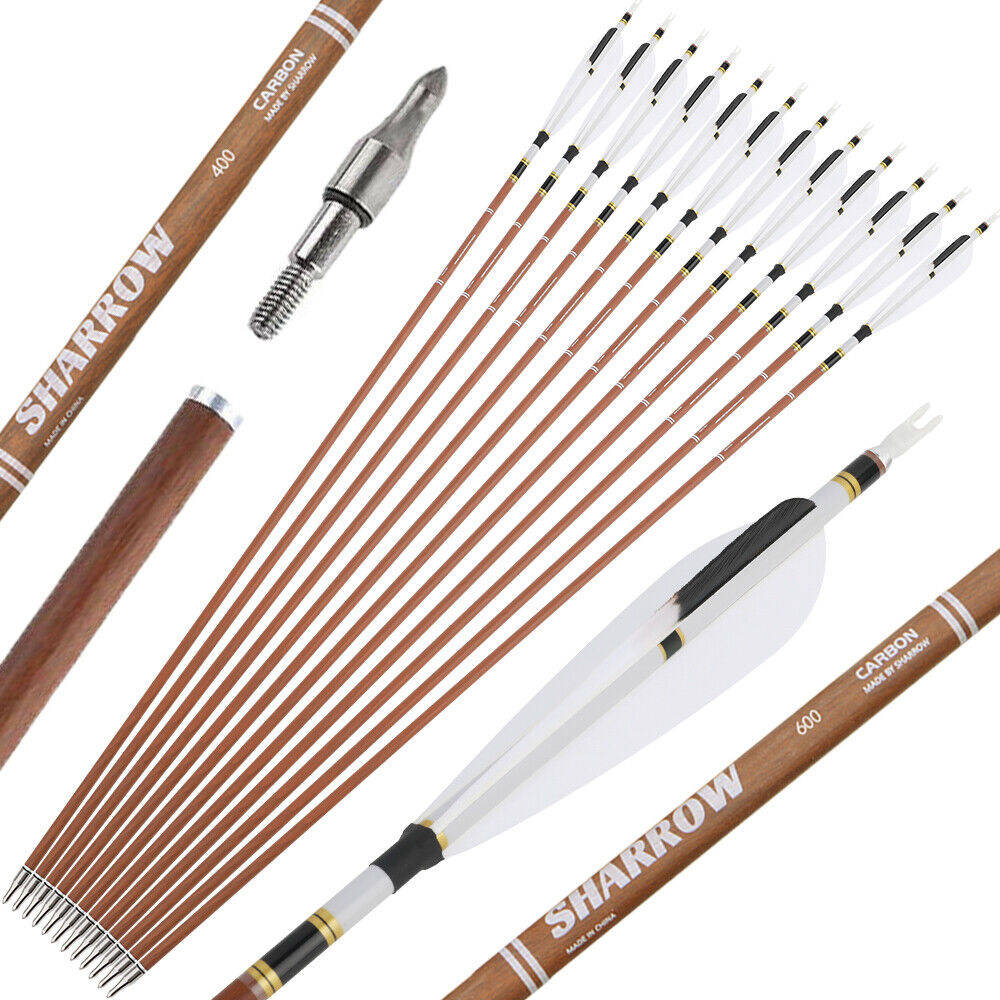 12pcs 31" Pure Carbon Arrows Archery SP340-600 Screw Tips Compound Recurve Bow Hunting