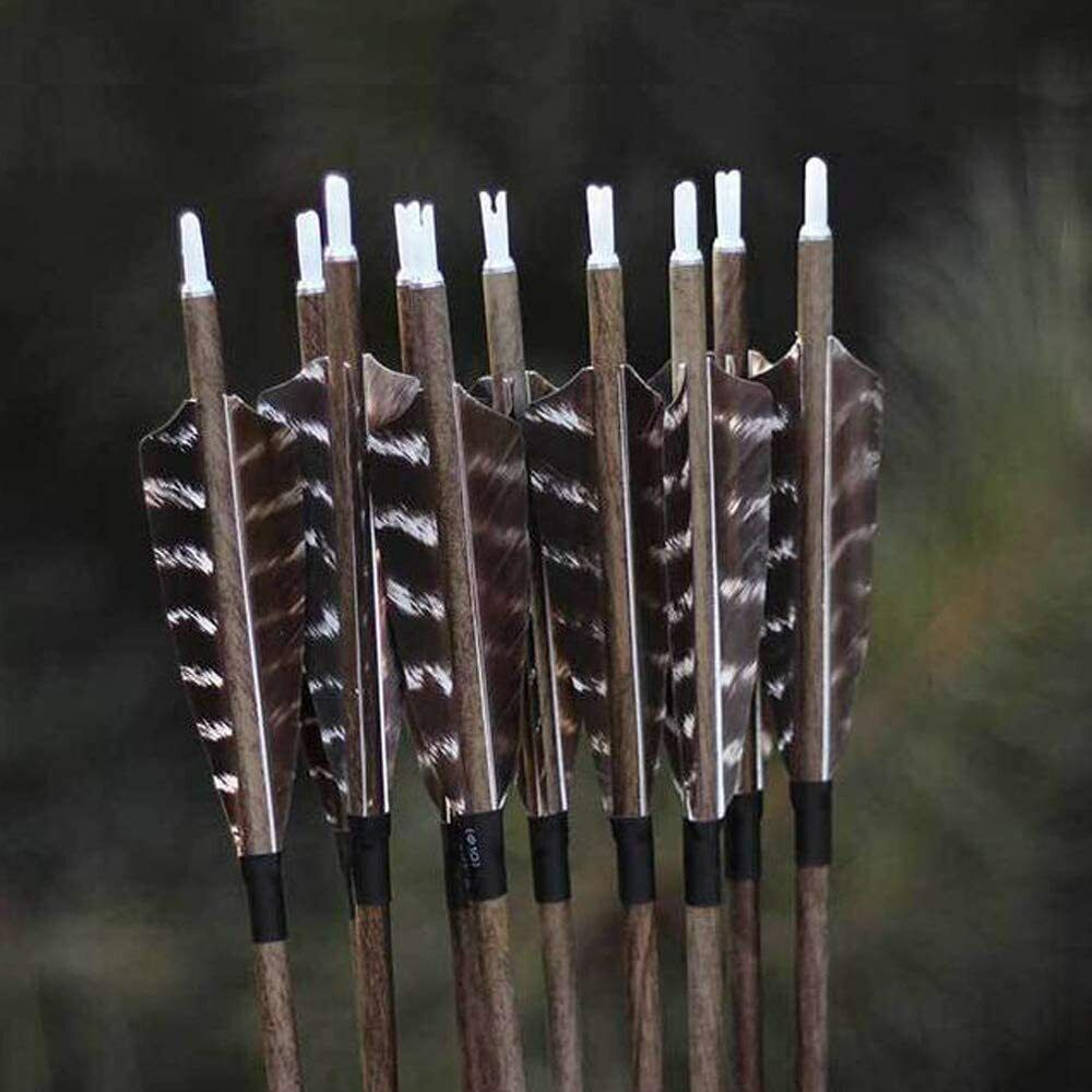 12pcs 30" Archery Pure Carbon Arrows SP350 Wood Skin Shaft Feathers Bow Target Hunting