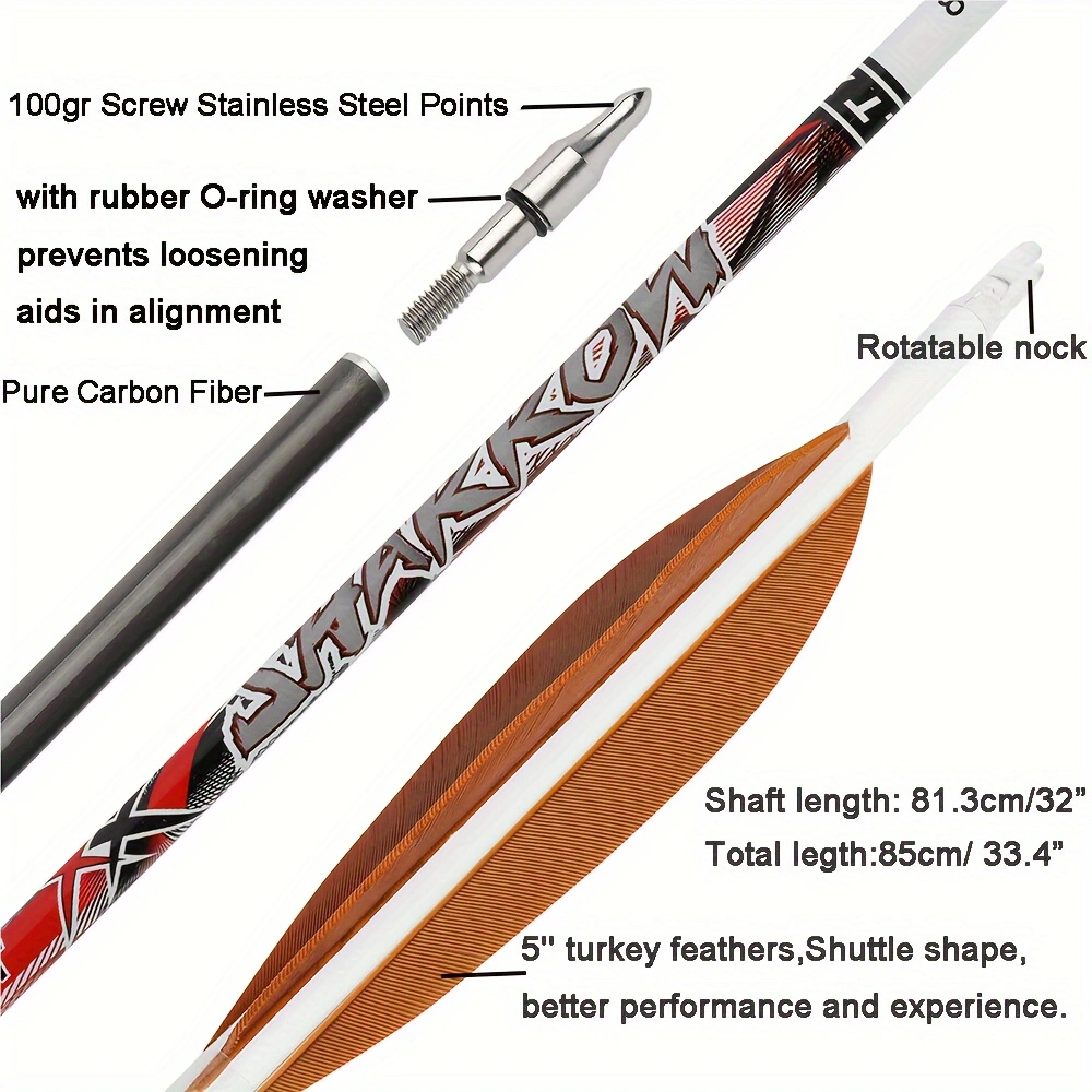  12pcs 32 Inch Pure Carbon Arrow 5 Inch Feather SP300-400 Reverse Curved Composite 