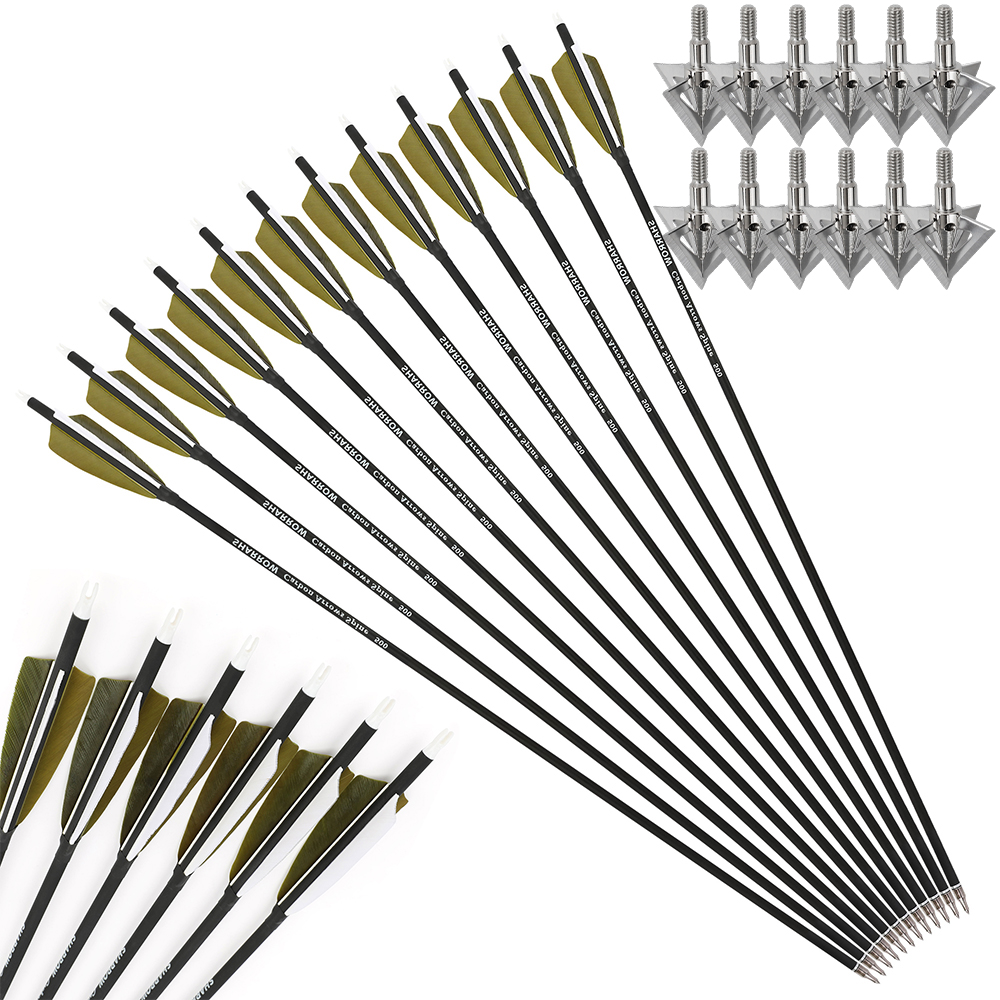 12pcs 30" Spine 500 Mixed Carbon Arrows Set with 12 Cross-Star Arrowheads