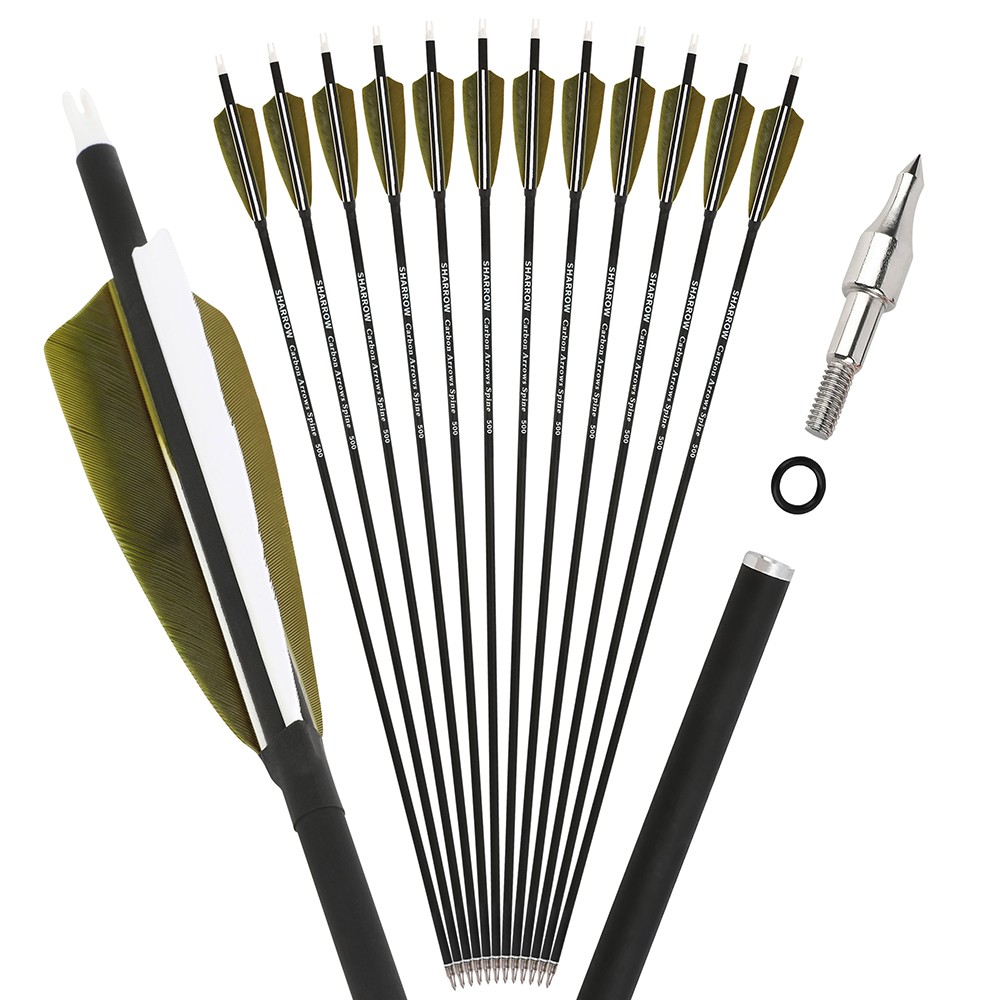 12pcs 30" Spine 500 Mixed Carbon Arrows Set with 12 Cross-Star Arrowheads