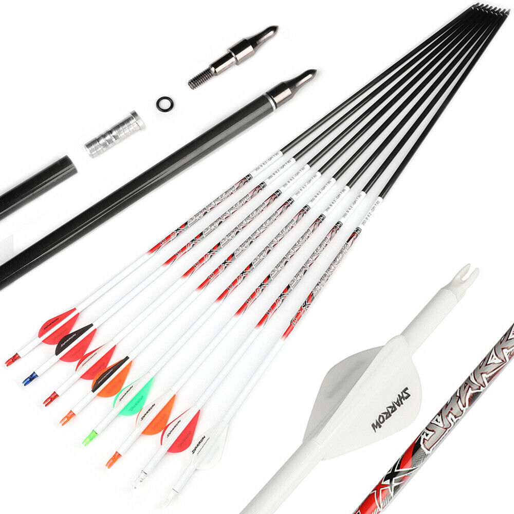 12pcs 32" Pure Carbon Arrows SP300-800 ID6.2mm Archery Recurve Bow Fields Tips Hunting