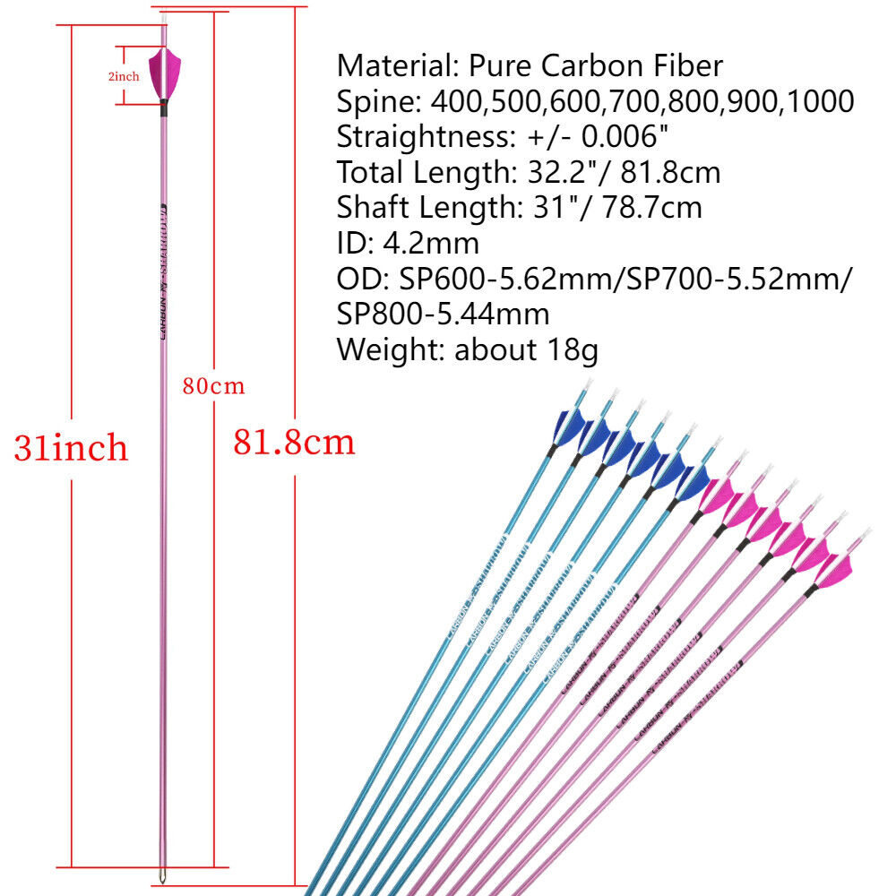 12pcs 31" Pure Carbon Arrows SP400-1000 Feathers Archery Bow id4.2mm Hunting Target Shooting
