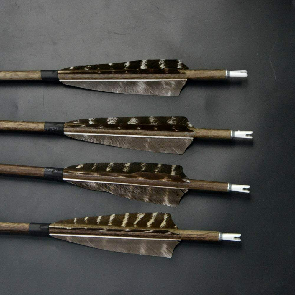 12pcs 30" Archery Pure Carbon Arrows SP350 Wood Skin Shaft Feathers Bow Target Hunting