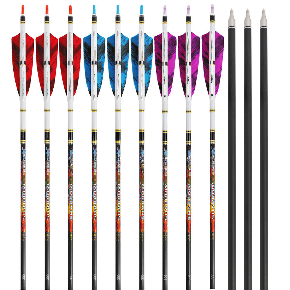 12pcs 31" Archery Pure Carbon Arrows SP250-600 4" Natural Feathers Bow Hunting Target
