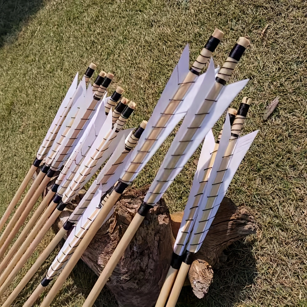 12pcs 32 Inch Traditional Wooden Arrow Feather Outdoor Long Bow, Curved Bow, 