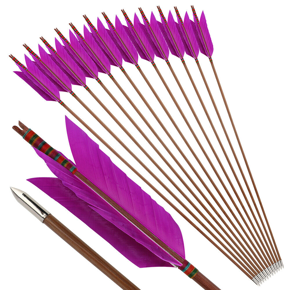 12pcs 33'' Archery Bamboo Arrow 4 Feather Longbow Traditional Recurve Bow Tips Hunting
