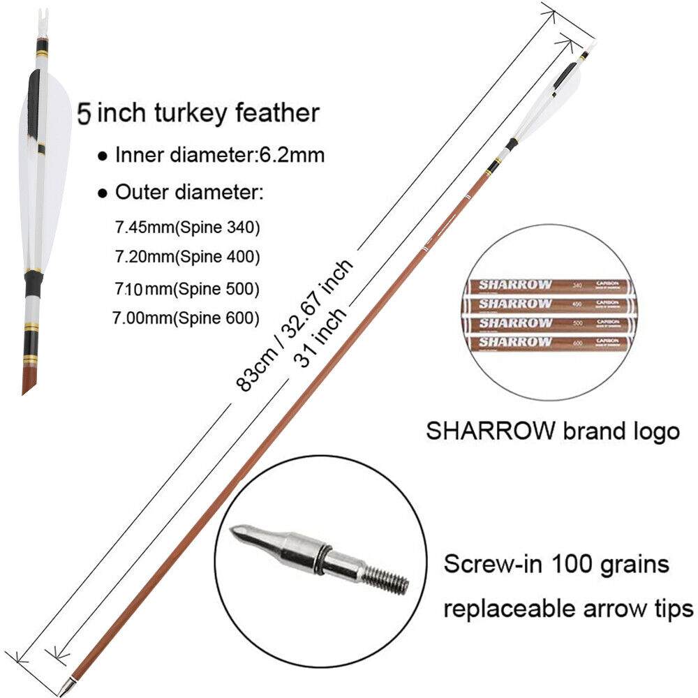 12pcs 31" Pure Carbon Arrows Archery SP340-600 Screw Tips Compound Recurve Bow Hunting