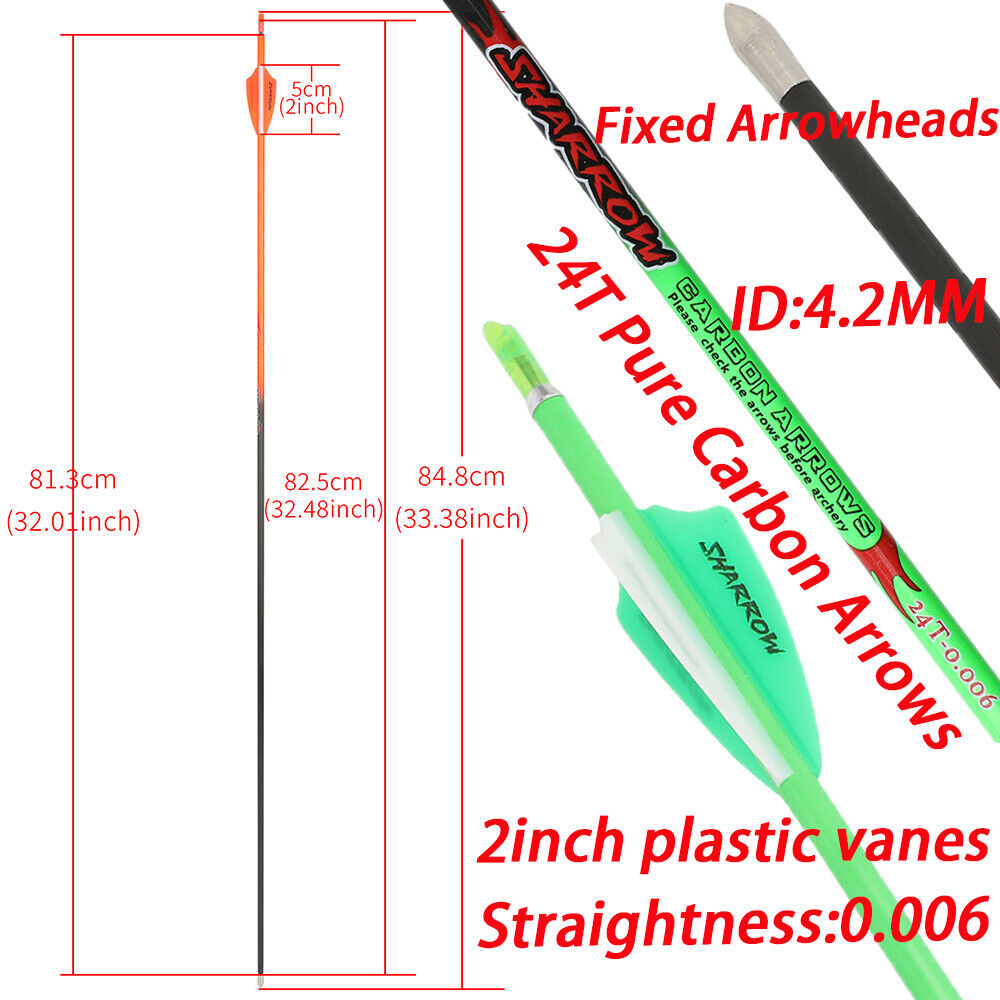 12pcs 32" 24T Pure Carbon Arrows Archery SP400-1000 Vanes ID4.2MM Recurve Bow Shooting