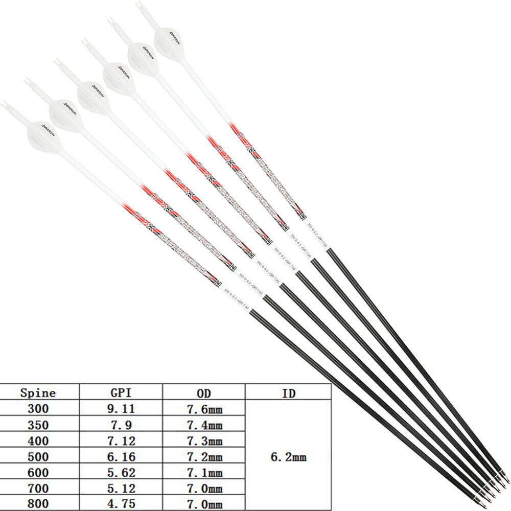 12pcs 32" Pure Carbon Arrows SP300-800 ID6.2mm Archery Recurve Bow Fields Tips Hunting