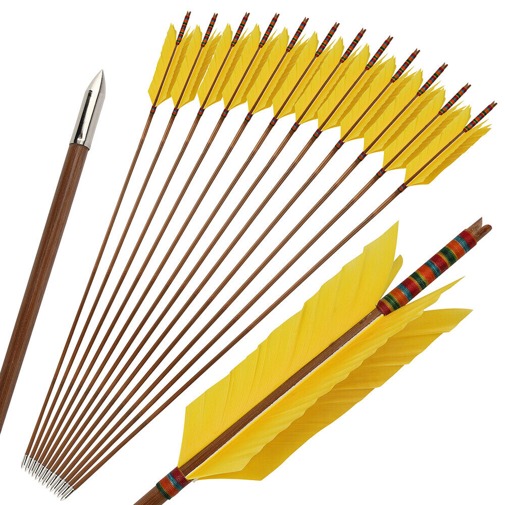 12pcs 33'' Archery Bamboo Arrow 4 Feather Longbow Traditional Recurve Bow Tips Hunting