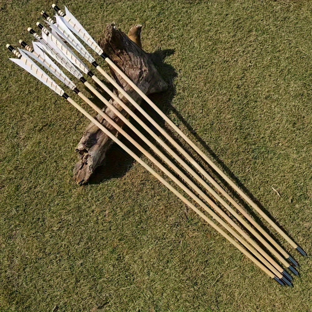 12pcs 32 Inch Traditional Wooden Arrow Feather Outdoor Long Bow, Curved Bow, 