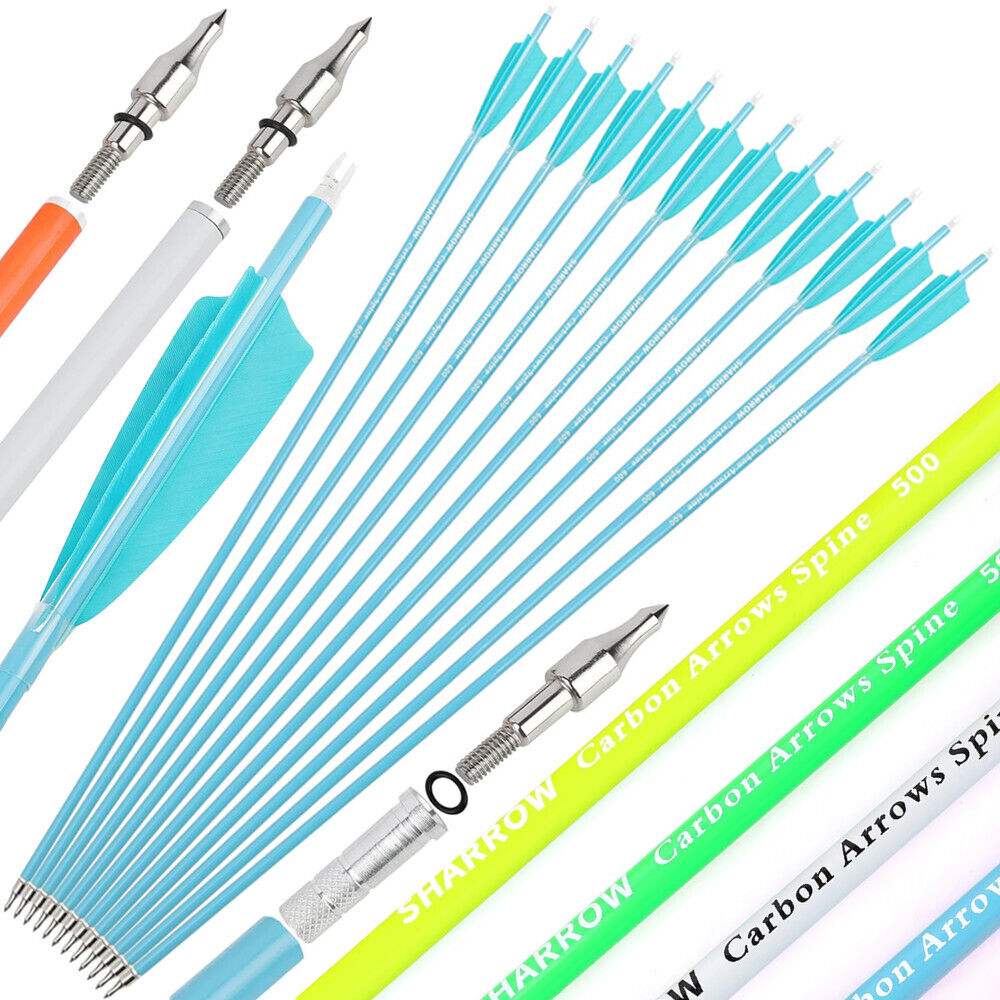 12pcs 30" Mixed Carbon Arrows Archery 4" Turkey Feather SP600 Arrowhead Bow Shooting Hunting