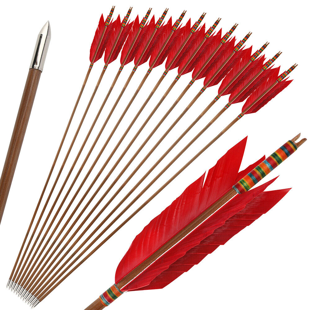 12pcs 33'' Archery Bamboo Arrow 4 Feather Longbow Traditional Recurve Bow Tips Hunting