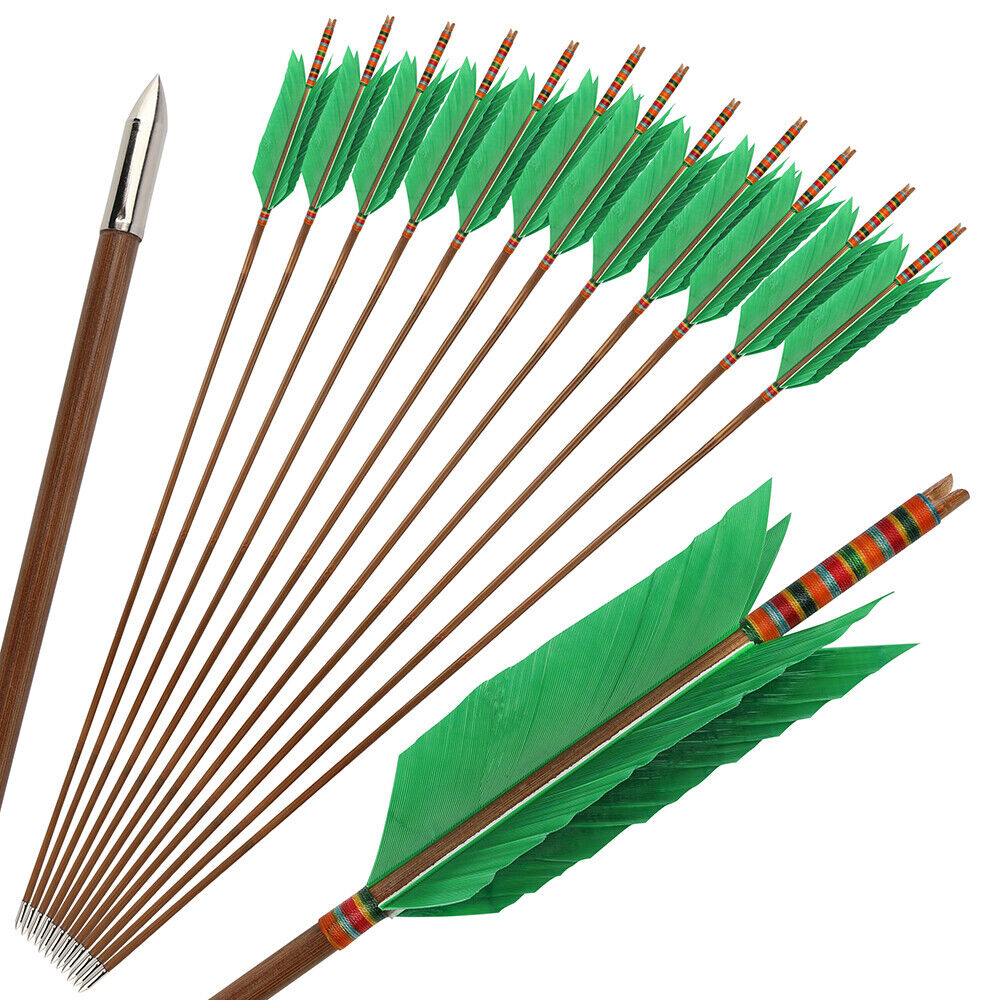 12pcs 33'' Archery Bamboo Arrow 4 Feather Longbow Traditional Recurve Bow Tips Hunting