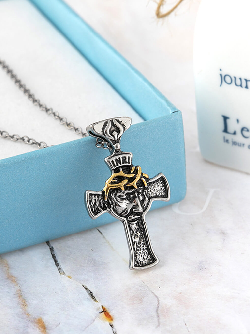Bicolor Vintage Crown of Thorns Cross Necklace