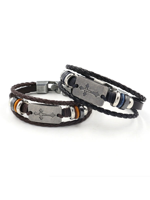 Cross Beaded Leather Bracelet