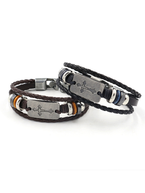 Cross Beaded Leather Bracelet